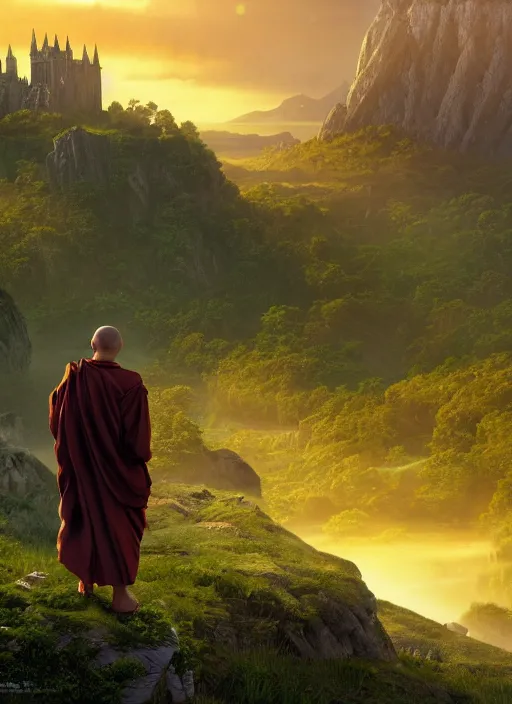 Image similar to a cosmic monk in lord of the rings scenery landscape, looking out at a vast lush valley at sunrise, temple castle in the distance, god's rays, highly detailed, vivid color, cinematic lighting, perfect composition, 8 k, gustave dore, derek zabrocki, greg rutkowski, belsinski, octane render