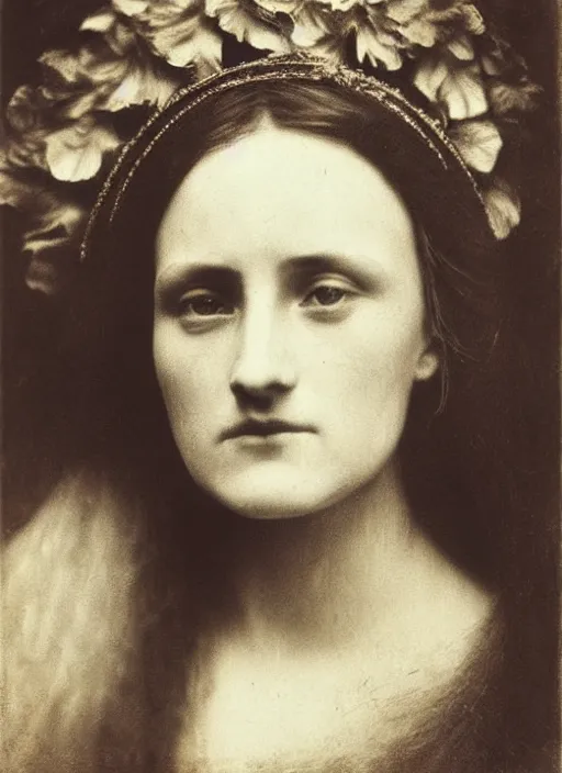 Prompt: portrait of young woman in renaissance dress and renaissance headdress, art by julia margaret cameron