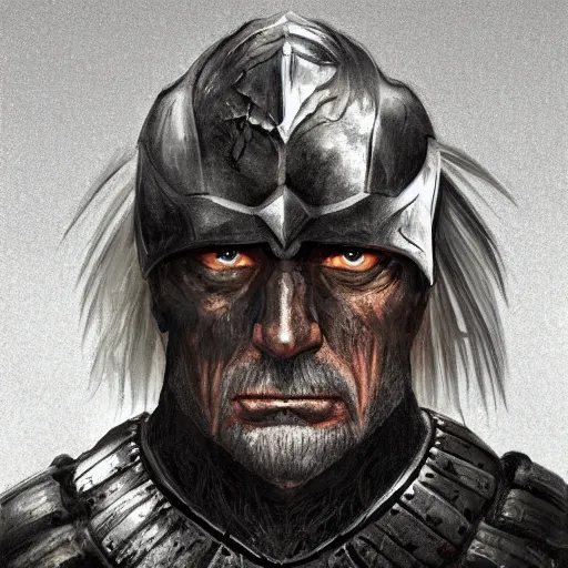 Image similar to illuminated portrait of an old warrior, black armor, greatsword, grey hair, scars, digital illustration, high fantasy, detailed face, frank frazetta, sharp focus