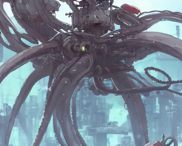 Image similar to beautiful picture of a giant octopus mecha, standing in a post-apocalyptic wasteland, anime style, art by Hajime Katoki, trending on artstation