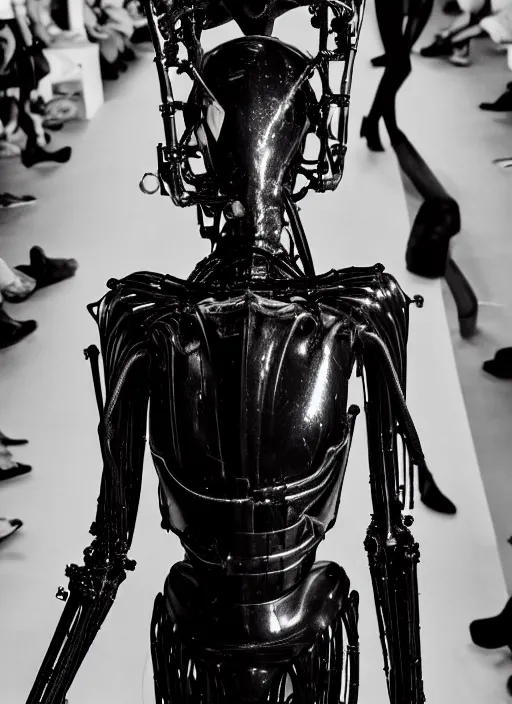 Image similar to walking down the catwalk, steven klein, ben watts, show, stage, vogue photo, podium, fashion show photo, iris van herpen, beautiful woman, perfect body, full body shot, helmet on face, masterpiece, guyver, jellyfish, biomechanical details, movie still, fauvism, cinestill, bokeh, gelios lens