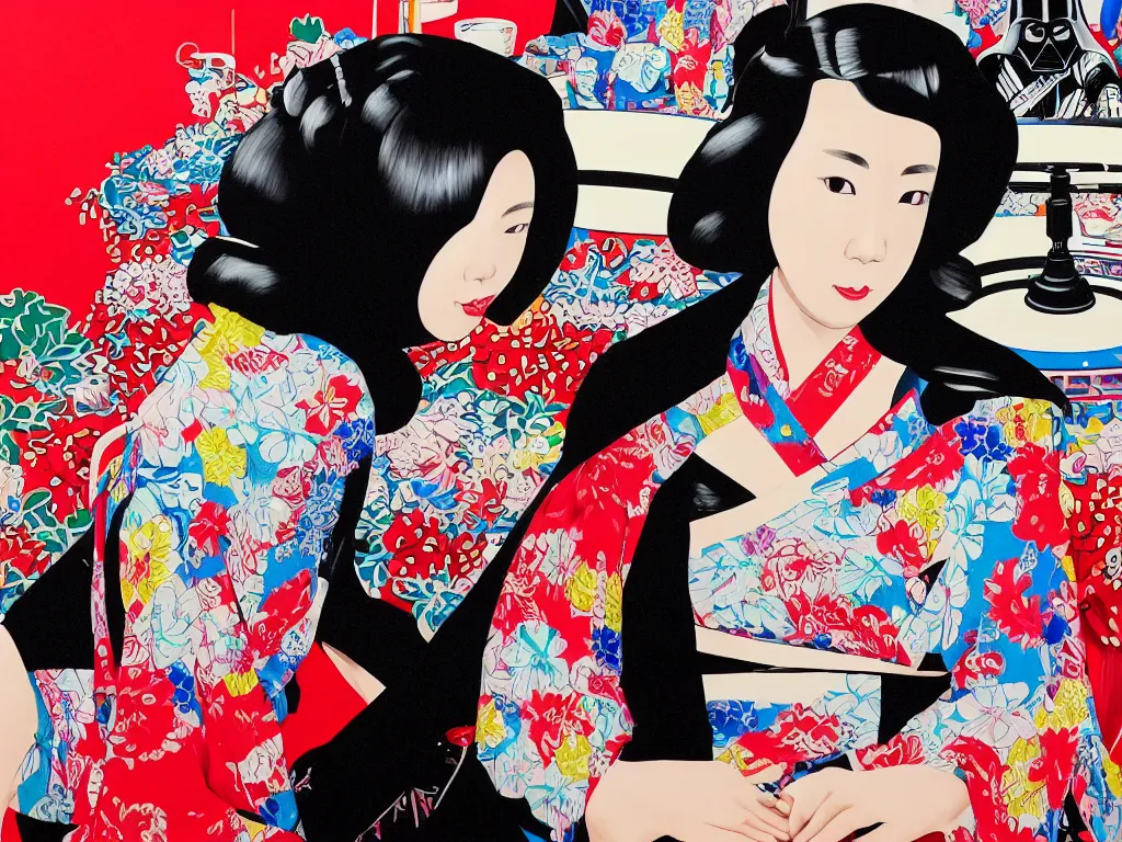 Image similar to hyperrealism composition of the detailed woman in a japanese kimono sitting at an extremely detailed poker table with darth vader, shiba inu, fireworks on the background, pop - art style, jacky tsai style, andy warhol style, acrylic on canvas