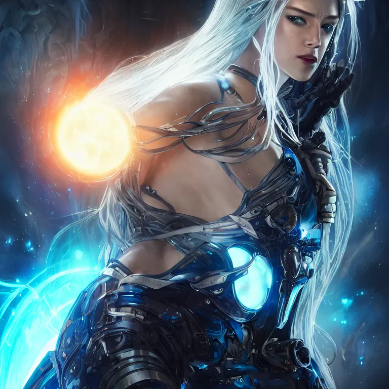 Image similar to beautiful cinematic fantasy poster, a beautiful cyberpunk cyborg female with brilliant silver flowing hair, beautiful blue glowing galaxy eyes fighting a tall black metallic mech with glowing red eyes, wideshot ultrawide angle epic scale, hybrid from The Elden Ring and art direction by Darius Zawadzki ;by artgerm; wayne reynolds art station; cinematic quality character render; low angle; ultra high quality model; production quality cinema model;