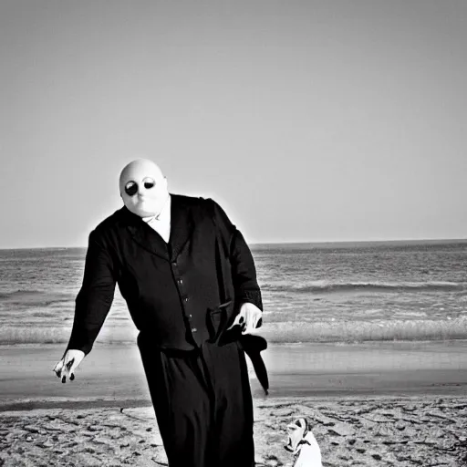 Image similar to b & w photo of fester addams at the beach