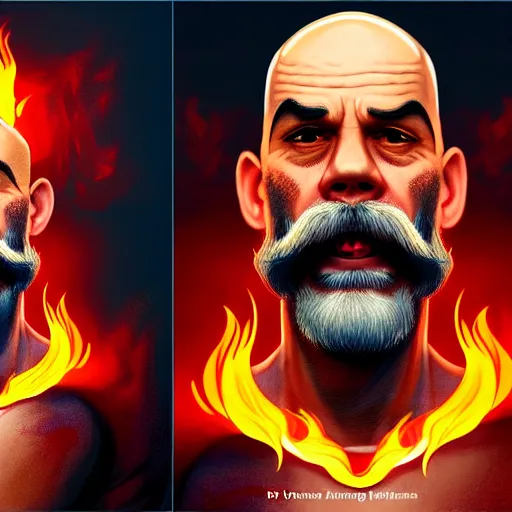 Image similar to bald boxer with chest tattoos with van dyke beard on fire, digital art, cinematic, concept art, 8k, painting, imaginefx, cgsociety, syd mead, trending on artstation, wide shot, full shot