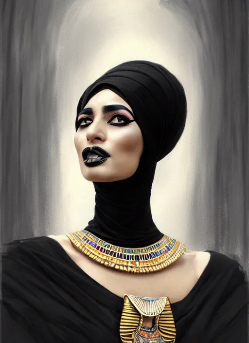 Image similar to portrait of an egyptian woman with a crooked nose and a confident expression, 1 9 6 0 s, black clothes, goth, punk, funk, intricate, elegant, highly detailed, digital painting, artstation, concept art, smooth, sharp focus, illustration, art by wlop, mars ravelo and greg rutkowski