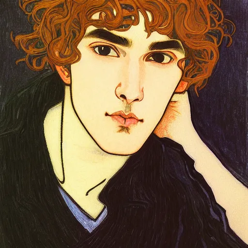 Image similar to painting of young cute handsome beautiful dark medium wavy hair man in his 2 0 s named shadow taehyung at the halloween pumpkin jack o'lantern party, depressed, melancholy, autumn, japan, elegant, clear, painting, stylized, delicate, soft facial features, delicate facial features, soft art, art by alphonse mucha, vincent van gogh, egon schiele