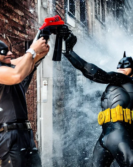 Image similar to happy batman firing super soaker water gun in an alleyway, everyone having fun, toy product advertisement, photography