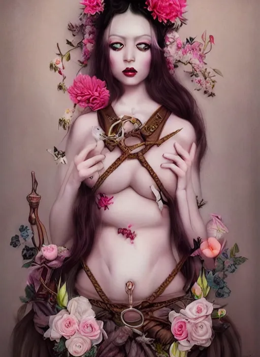Prompt: pop surrealism, lowbrow art, realistic seductive cute woman painting, pink body harness, long hair, japanese shibari with flowers, hyper realism, muted colours, rococo, natalie shau, loreta lux, tom bagshaw, mark ryden, trevor brown style,