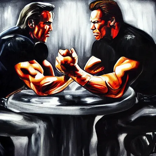 Image similar to henry cavill arm wrestling arnold schwarzenegger, painting, 4 k, sharp focus