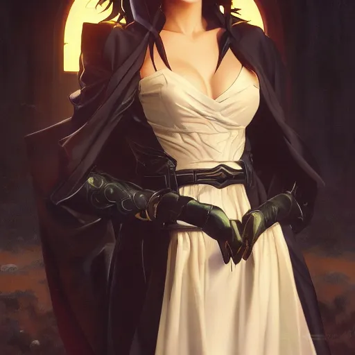 Image similar to Albedo from the anime OverLord, oil on canvas, Golden Hour, Noir, ArtStation, by J. C. Leyendecker and Edmund Blair Leighton and Charlie Bowater