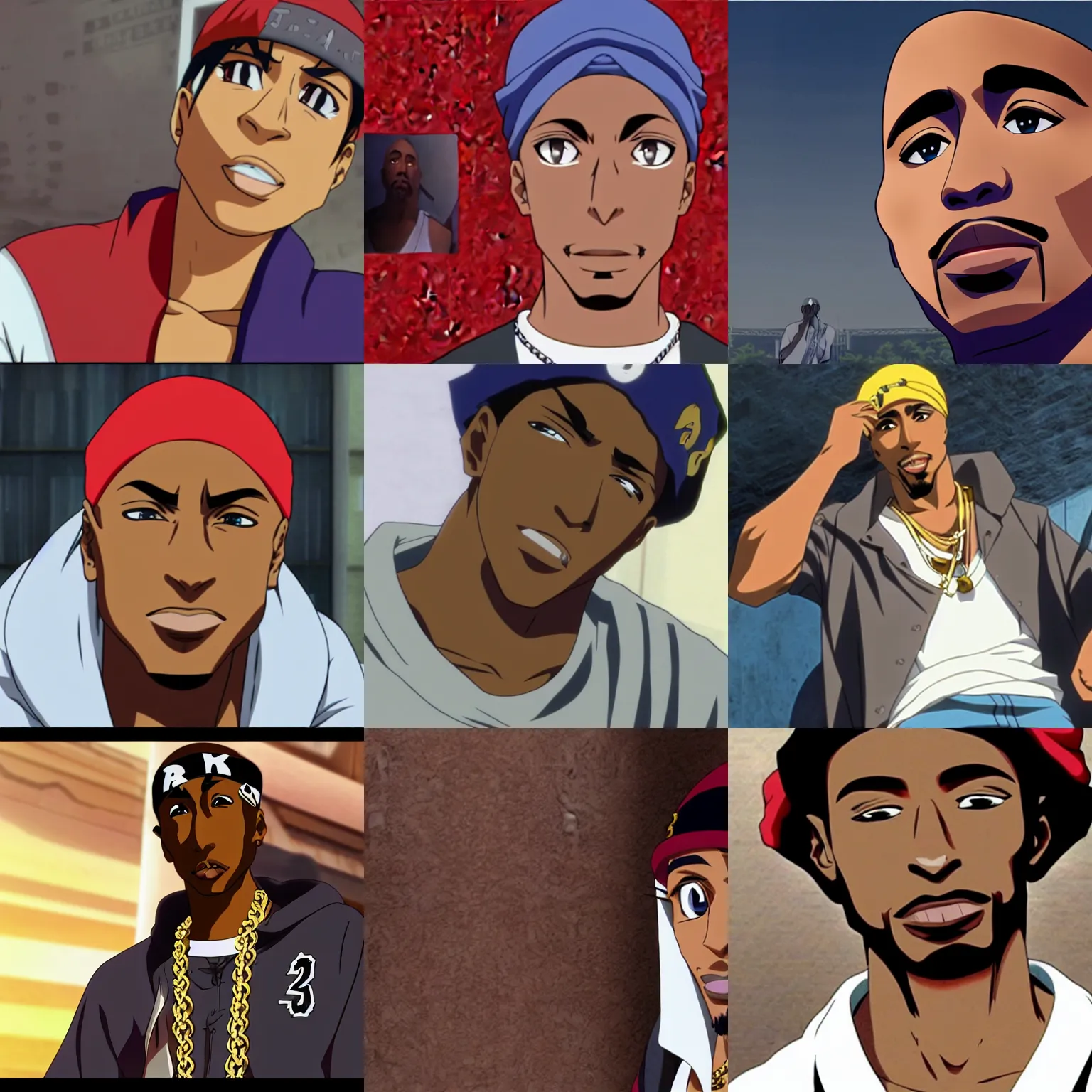 Image similar to Tupac Shakur, screenshot from a 2012s anime