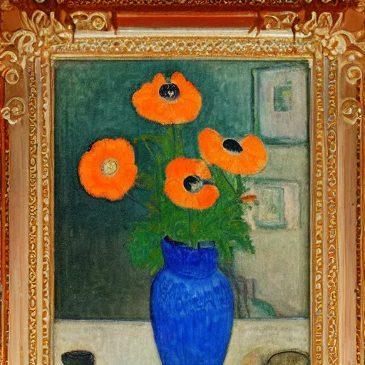 Prompt: light orange by gabriele munter, by william russell flint weary. a photograph of a group of anemones in a vase