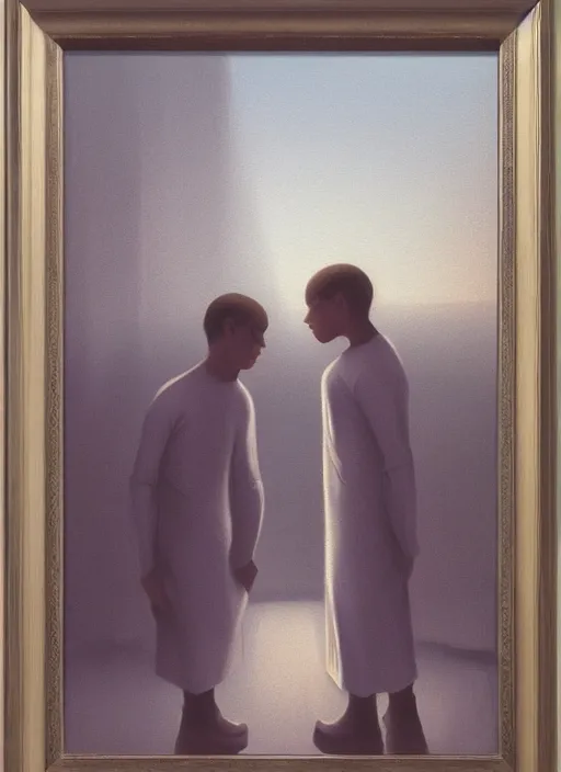 Image similar to two people holding cameras and facing each other, soft edges, calm serene painting, ralph maquarrie