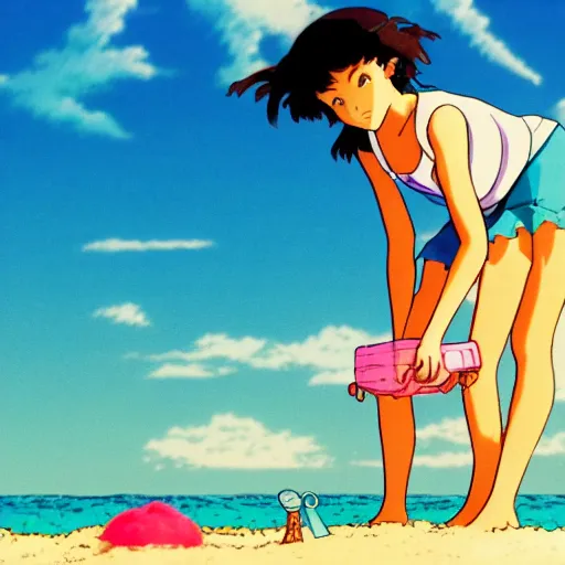 Prompt: girl making a sand castle on the beach, sprite, vaporwave nostalgia, visual novel cg, 8 0 s anime vibe, studio ghibli, sketch by by osamu tezuka, directed by beat takeshi, wallpaper, ultra hd, vlc screenshot