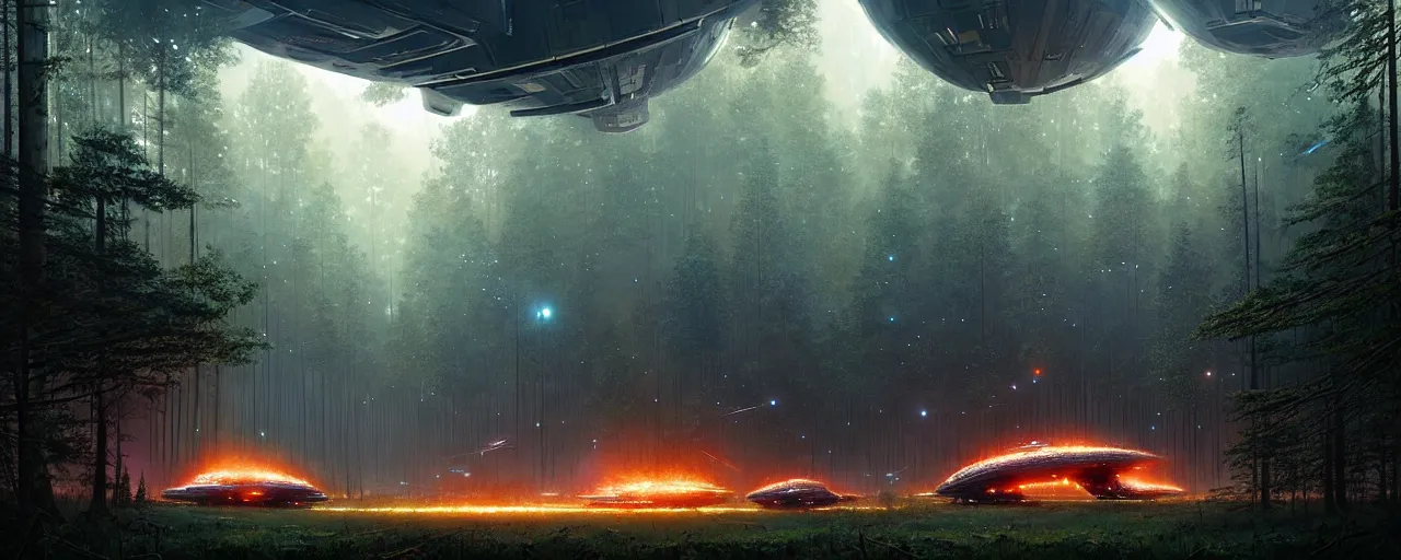 Image similar to a giant megastructure spaceship wrecked and lost in the forest, a small fire in the distance, large lasers and a powerful sound system on the left, detailed digital art by greg rutkowski.