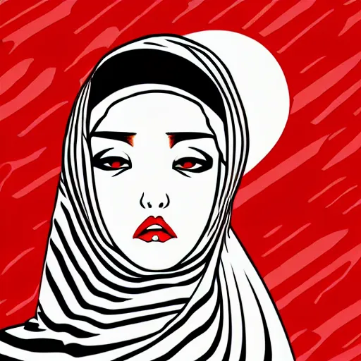 Prompt: hijab tribe jaw japan flag background, sharp eyes, character designs, manga, white paper, guido borelli da caluso, illustration, portrait