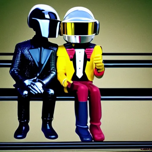 Prompt: daft punk sitting on a bench, detailed, hd