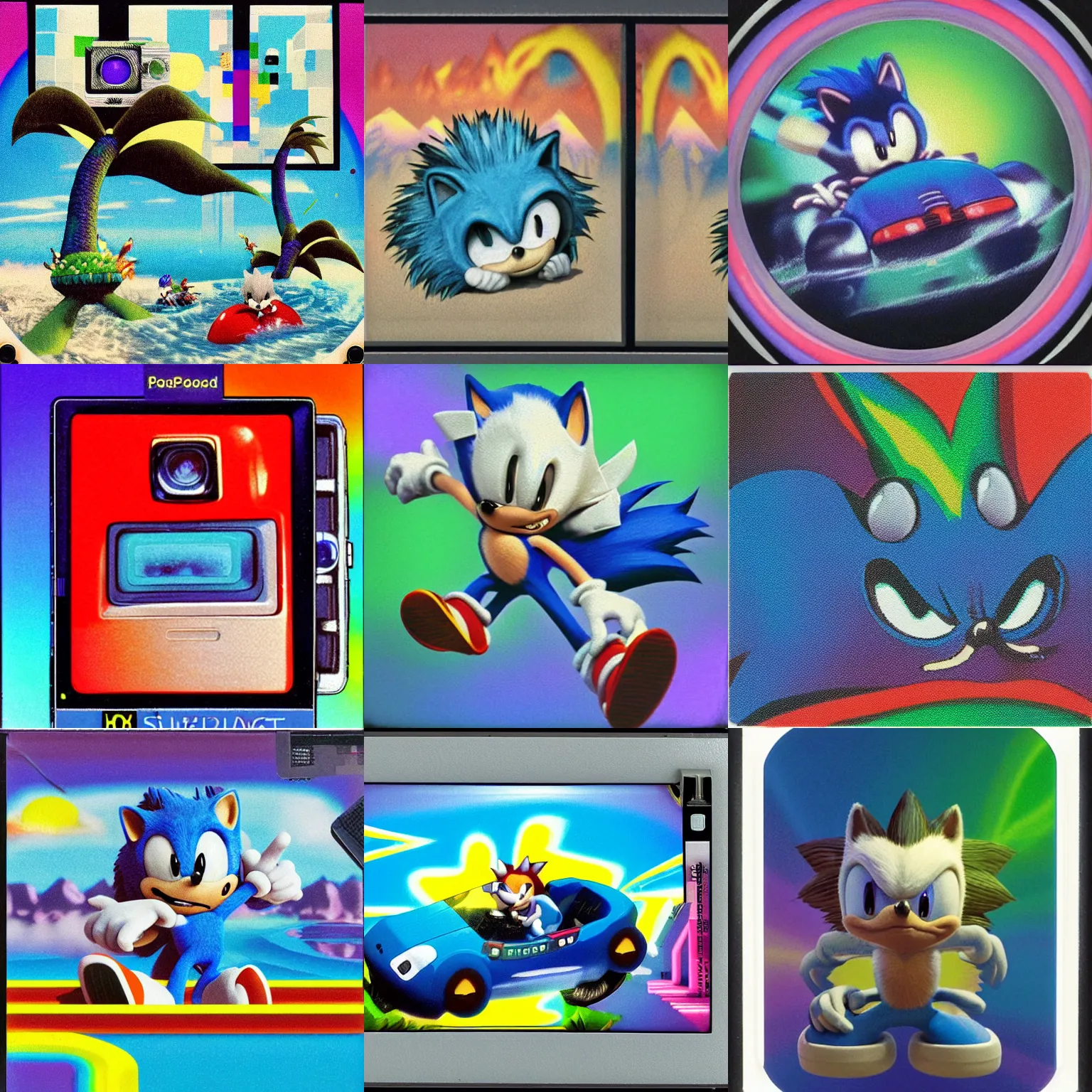 Prompt: polaroid instax ektachrome portrait of sonic hedgehog and a matte painting landscape of a surreal, sharp, detailed professional, soft pastels, high quality airbrush art album cover of a liquid dissolving airbrush art lsd dmt sonic the hedgehog swimming through cyberspace, iridescent checkerboard background, 1 9 8 0 s 1 9 9 8 sega genesis rareware video game album cover