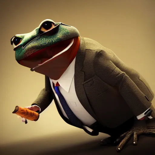 Image similar to a high quality photo of an antropomorphic mafia frog wearing a suit smoking a cigar, 3d scene, render, ultra realistic, artstation, cgsociety