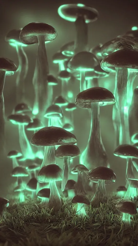 Image similar to “bioluminescent crystal mushrooms, Artstation HQ, photorealistic, hiperrealistic, sharp focus, 4k UHD, Unreal Engine 5, cinematic shot, cinematic lightning, dark tones, high contrast, intricate, mysctical, masterpiece”