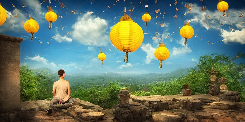 Image similar to wind deva enjoying the view from his stone heavenly palace, decorated with windchimes and paper lanterns, stunning nature and clouds in background, digital art