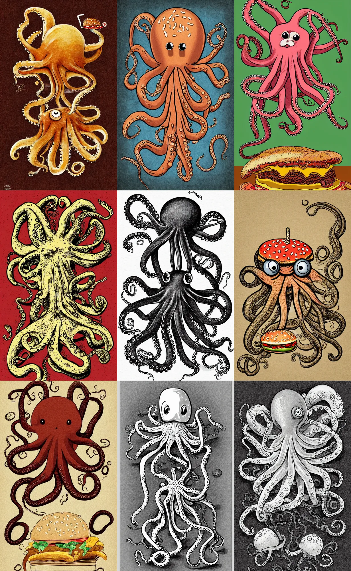Prompt: octopus eating a hamburger, hand drawn illustration, antique digital art, highly detailed