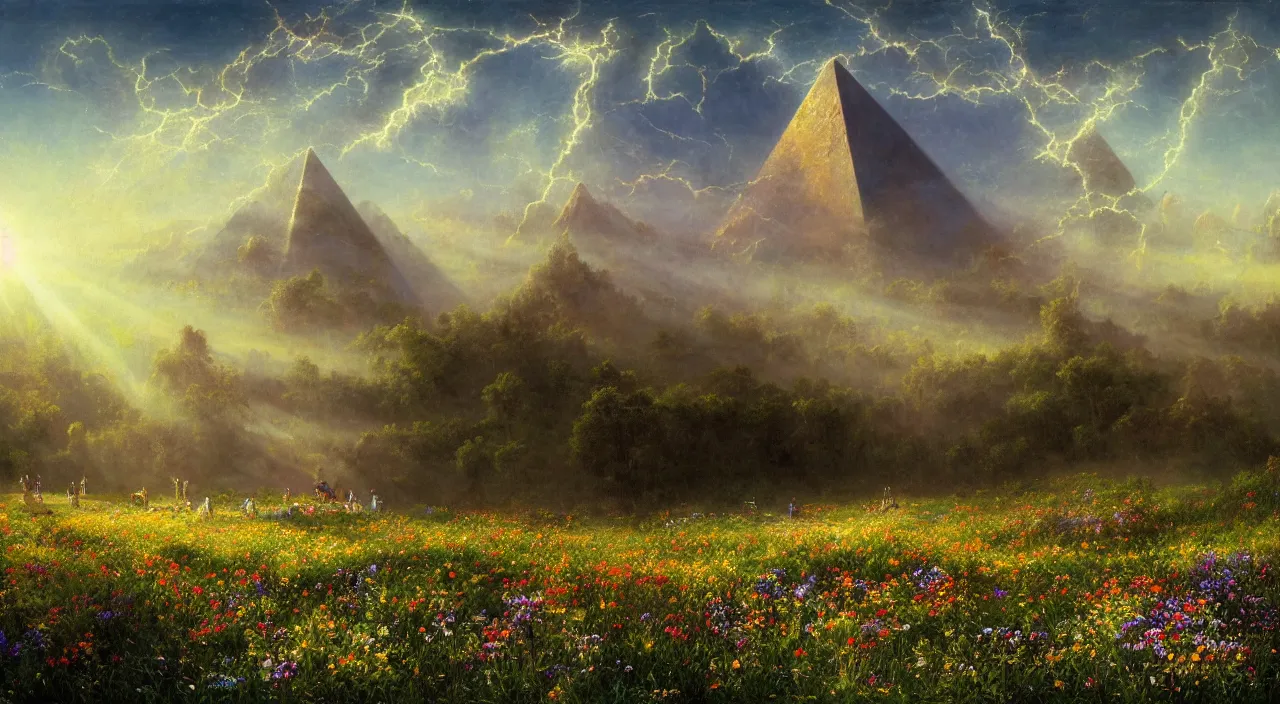 Prompt: rhythmic interval tectonic surfaces as resonant waves of harmonic organic mystical megastructure crystal lattice pyramid architectures exploding with light and god rays in a meadow full of wildflowers by albert bierstadt, by glen small, photorealistic, god rays, octane, depth of field, bladerunner