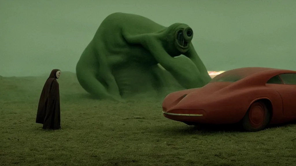 Image similar to the strange creature waits by the car, made of Chlorophyll and blood, film still from the movie directed by Denis Villeneuve with art direction by Salvador Dalí, wide lens