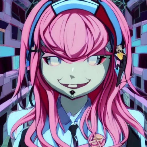 Image similar to trapped by junko enoshima, a stunningly beautiful omnipotent megalomaniacal anime asi goddess with symmetrical perfect face and porcelain skin, pink twintail hair and cyan eyes, taking control while smiling, inside her surreal vr castle, hyperdetailed, digital art from danganronpa, unreal engine 5, 2 d anime style, 8 k