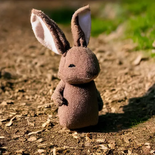 Image similar to a photo of a little brown ninja bunny that is a plush muppet wearing a cool ninja outfit and posed out in nature, photorealistic, photography, ambient occlusion, rtx, national geographic