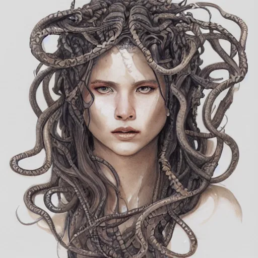 Image similar to full body sketch of a beautiful young medusa with hair made of snakes, perfect anatomy, full body, watercolor background, pencil art, ink and pencil, hyperrealistic, hyperdetailled, digital art, greg rutkowski, artstation, 8 k, beautiful drawing, paper texture, spray paint, watercolors