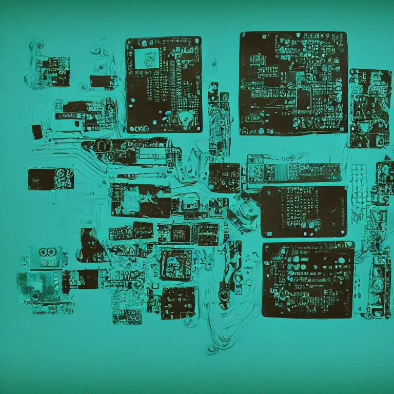 Prompt: boards of canada exposed circuit boards, film photo, soft lighting album cover, nostalgia, turquoise gradient