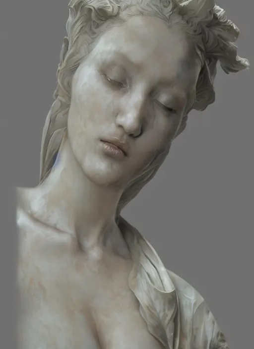 Image similar to marble sculpture of beautiful woman, flowing fabric by ruan jia, greg rutkowski, mucha, zbrush, mandelbulb ivory