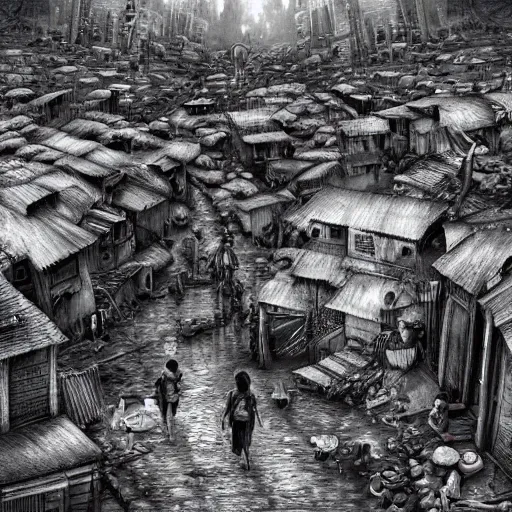 Image similar to slum neighborhood in lord of the ring world, on artgerm style, hyperrealistic content, high definition content, intricate, delete duplicate content, justify content center, 5 dark tone colors