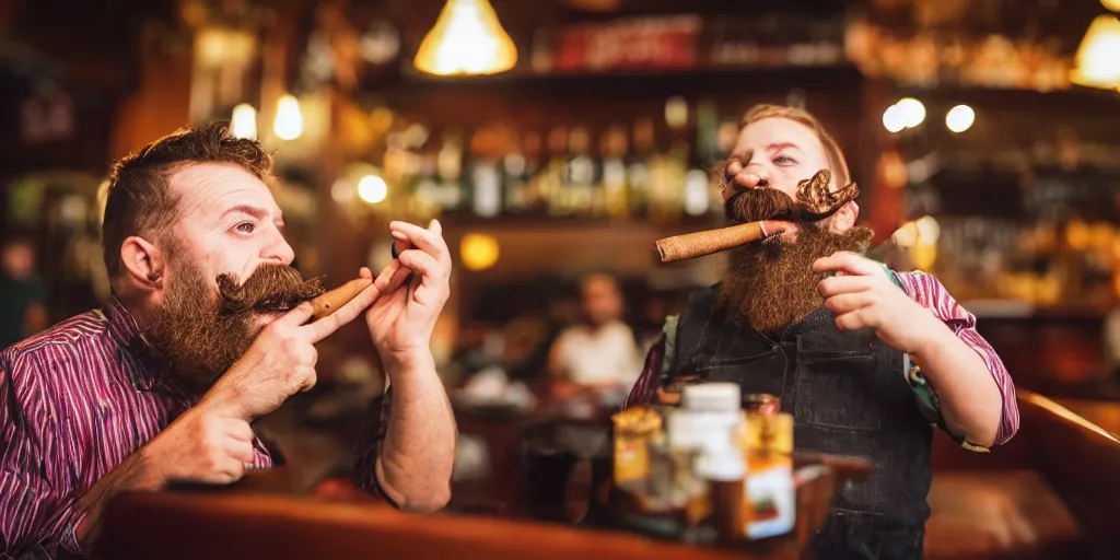 Image similar to Weird baby with a beard and mustache smoking a big cigar in a bar, (EOS 5DS R, ISO100, f/8, 1/125, 84mm, postprocessed, crisp face, facial features)