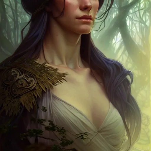 Image similar to portrait of forest gog, female, clear face, masculine, upper body, muscular, fantasy, intricate, elegant, highly detailed, digital painting, artstation, concept art, matte, sharp focus, illustration, art by artgerm and greg rutkowski and alphonse mucha