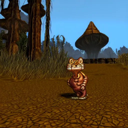 Image similar to garfield in morrowind, retro 3 d graphics, video game screenshot, pc game, elder scrolls