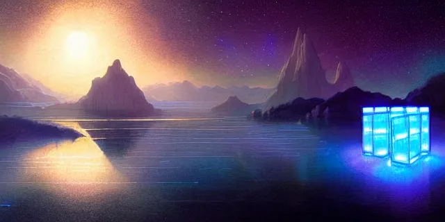 Image similar to beautiful glowing cubes all interconnected to each other with tubes, atmospheric lighting, intricate, volumetric lighting, beautiful, sharp focus, ultra detailed, in the art style of bowater, charlie, brom, gerald, lake baikal in the background, astrophotography