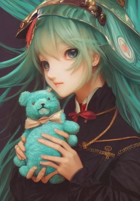 Prompt: hatsune miku holding a teddy bear, intricate, elegant, highly detailed, digital painting, artstation, concept art, smooth, sharp focus, illustration, art by artgerm and greg rutkowski and alphonse mucha and william - adolphe bouguereau