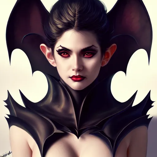 Image similar to 3 / 4 view of a portrait of bat woman with bat wings, confident pose, pixie, genshin impact,, intricate, elegant, sharp focus, illustration, highly detailed, concept art, matte, trending on artstation, art by wlop and artgerm and greg rutkowski, h 6 4 0