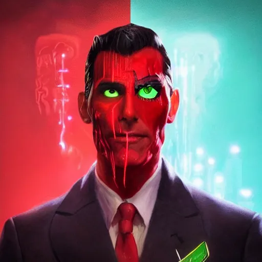 Image similar to portrait of a confident skinny dark haired man with a scar on his face wearing a red suit as an evil crime boss, high detail, concept art, neon color, vivid color, floating particles, glowing green eyes, background by john harris + roger dean, artwork by charlie bowater + artgerm