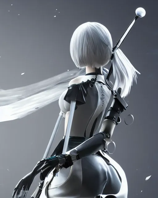 Image similar to 2B from Nier Automata, mechanical detail, cad, solidworks render