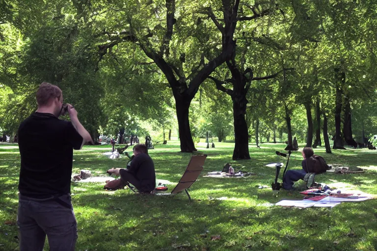 Prompt: cinematography plein air painters in Parc Monceau by Emmanuel Lubezki