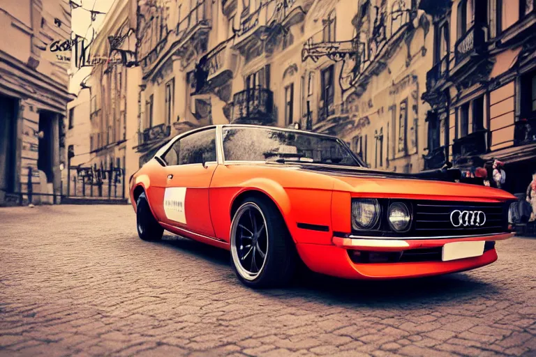 Image similar to audi camaro b 1 ( 1 9 6 9 ) drifting, need for speed : carbon, at night, neon lines, lviv historic centre, ultra phonk, phonk music background, smoke behind wheels, noise, dark, establishing shot