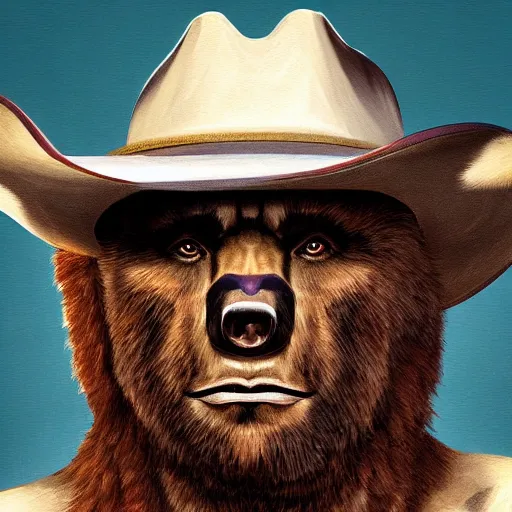 Image similar to portrait of bear beast-man wearing a cowboy hat, digital art, concept art, highly detailed, sharp focus