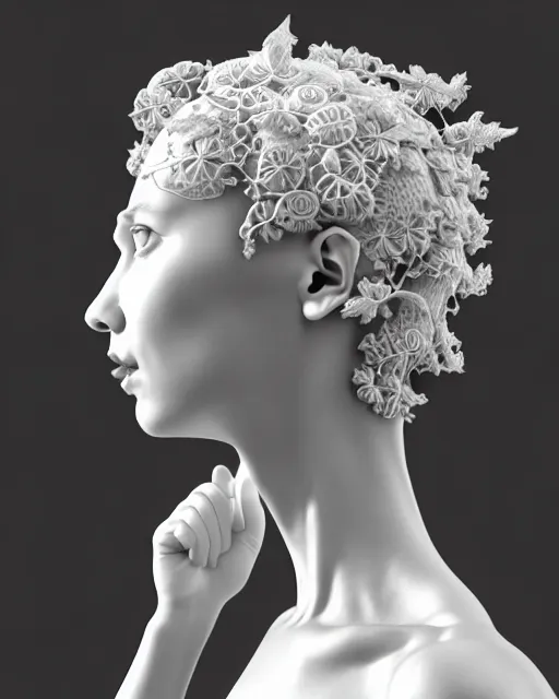Image similar to dreamy soft bw 3 d render, beautiful angelic biomechanical albino girl cyborg with a porcelain profile face, rim light, big leaves and stems, roots, fine foliage lace, alexander mcqueen, art nouveau fashion embroidered collar, steampunk, silver filigree details, hexagonal mesh wire, mandelbrot fractal, elegant, artstation trending