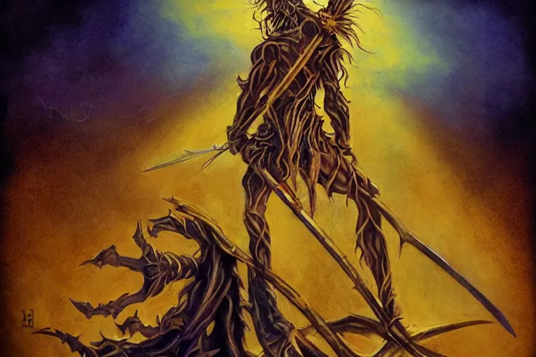 Image similar to mourner wearing bindhack (spiked staff),painted by David Mattingly and Brian Froud,trending on artstation, yellow lighting rear view,movie poster,macro,in the golden hour,Pokémon ,digital art,