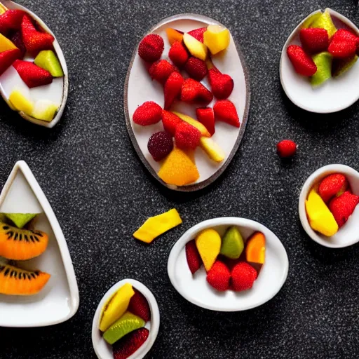 Prompt: beautiful photo of the pyramids made of fruit pieces on a white plate, dslr