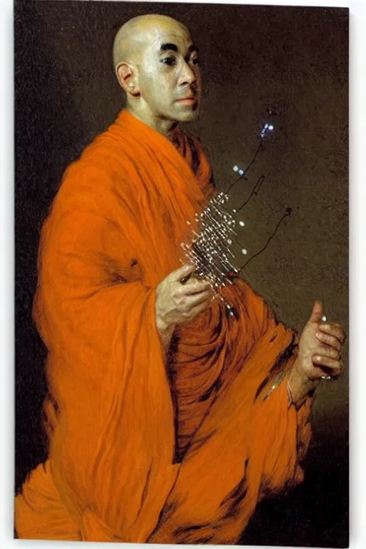 Image similar to portrait of a techno monk in orange robes with wires and circuit boards coming out of his face by francisco goya